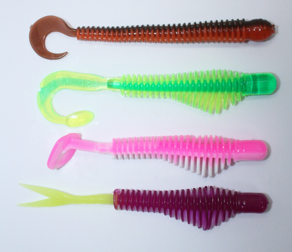 B Fish N Tackle AuthentX Plastic from top to bottom: Ringworm, Moxi, Pulse-R, Ribb-Finn