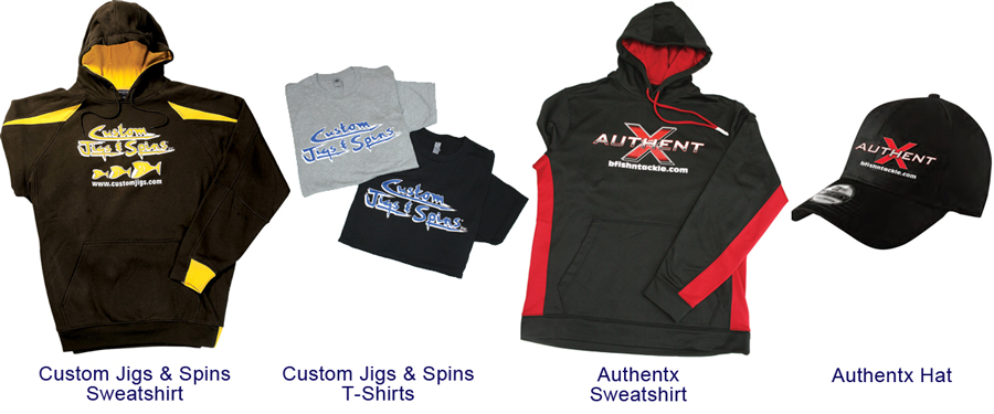 4 examples of Custom Jigs & Spins clothing including two sweatshirts, a t-shirt and an Authentix hat