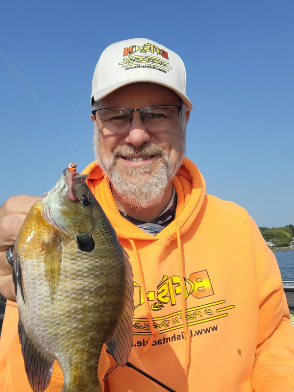 Gill Pill Orange in blue gill mouth. Walt is holding this big fish