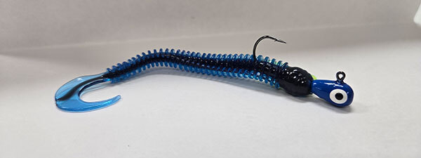 The AuthentX Ringworm is tough to beat on Fall gamefish, this is a blue/black combo on an H20 jig.