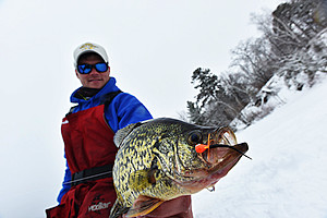 Karl Hunter holds a monster bluegill caught on a Wolfinkee tungsten jig